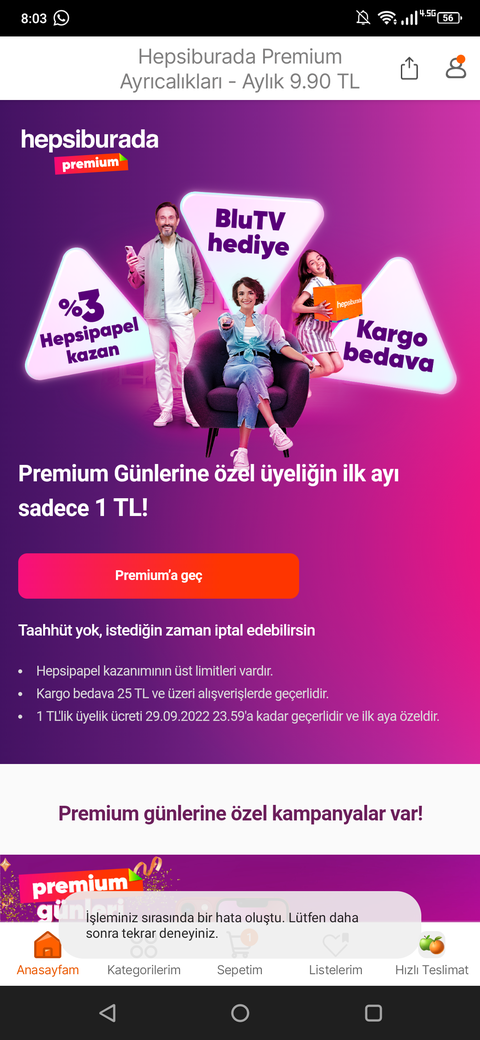 Hepsiburada Preimum İlk Ay 1 TL Kaçırmayın