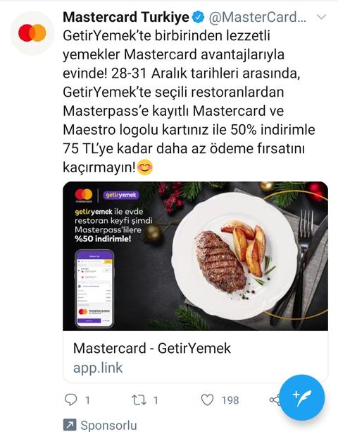 Masterpass getirYemek %50 İndirim MAX 150 TLYE KADAR(SEÇİLİ RESTORANLAR)