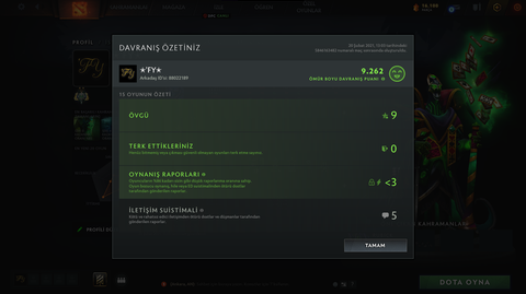 Satılık 2320 MMR 9262 Behavior Score 70 TL