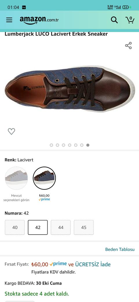 4 adet kaldı Lumberjack sneaker 60Tl (kargo ücretsiz) amazon