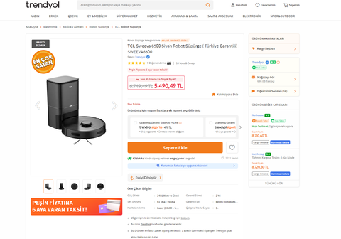 TCL Sweeva 6500 Siyah Robot Süpürge 5450TL (Bedava)