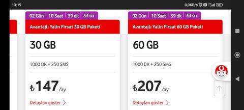 Kasım karnavalı Vodafone Online özel Faturalı 20gb 124 30gb 147 TL 60 Gb 207 Tl