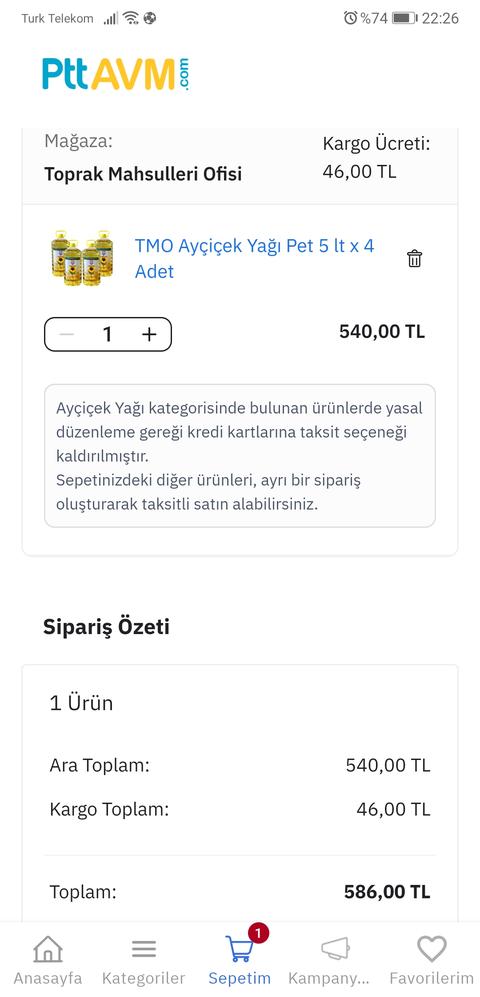 TMO AYÇİÇEK YAĞI 5 LİTRE 4 ADET 540 TL