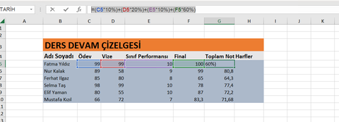 Excel’de Harf Notu Hesaplama
