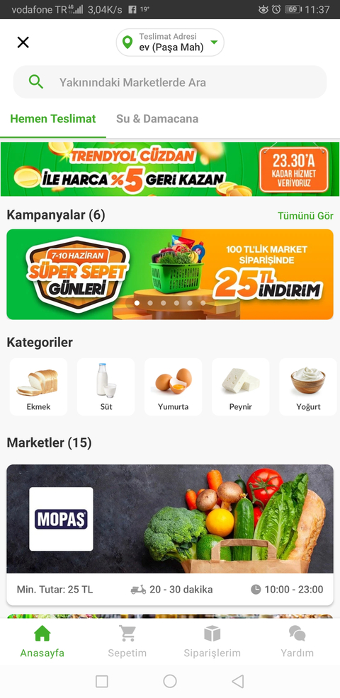 Trendyol hızlı market 100 TL üzeri 25 TL indirim