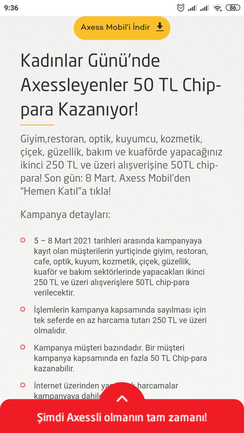 KADIN MÜŞTERİLERE ÖZEL Axessleyenler 50 TL Chip-para Kazanıyor!