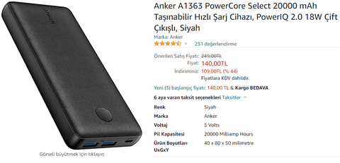 Anker A1363 PowerCore Select 20000 mAh - 140 TL - Amazon