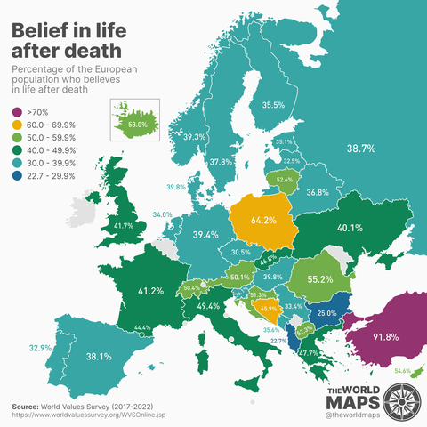 Avrupa'da ölümden sonra yaşama inananların oranı