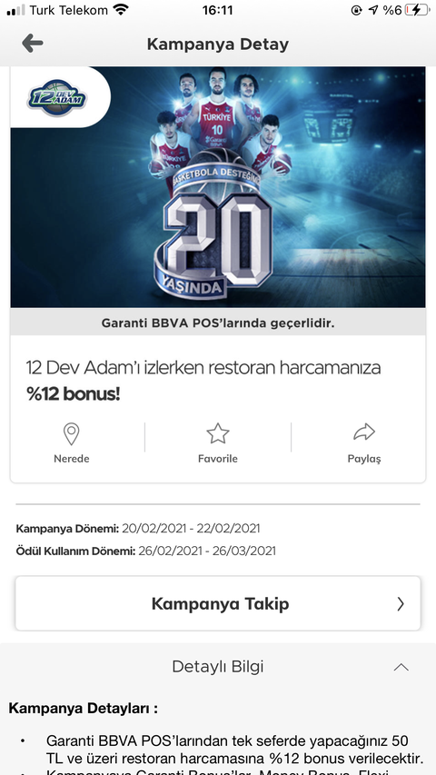 Garanti restoran harcamasına %12 bonus