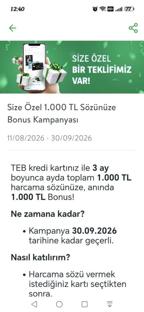 Teb kredi kartı 1000 tl bonus (kişiye özel)