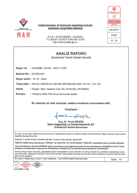 Roycera Alkali Filtre Orp,tds, ph ölçüm , inceleme test konusu