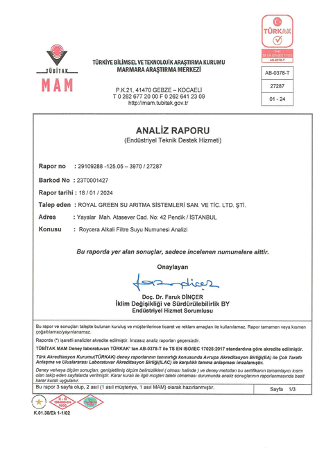 Roycera Alkali Filtre Orp,tds, ph ölçüm , inceleme test  konusu