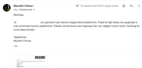Değişim için gönderilen ürün için vekaletname istenmesi (UPS)