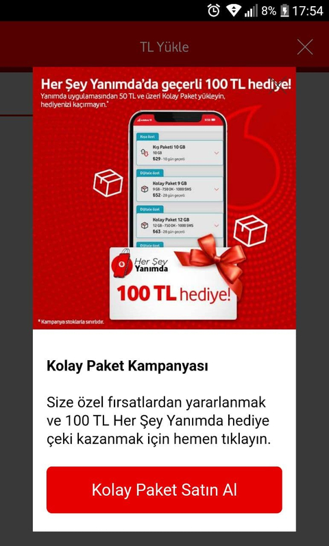 Vodafon faturasiza özel en az 50 TL üstü kolay paket yuklemeye 100 TL hediye ceki