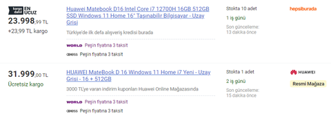 Huawei Matebook D16 Intel Core i7 12700H 16GB 512GB SSD Windows 11 Home 16" - HB 18.999 TL