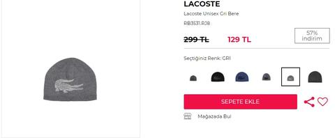 Lacoste %100 yün bere HS10  koduyla 116 tl. çeşitli renk seçenekleri ile birlikte.