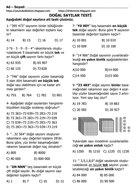 YOUTUBE İLKOKULU 1250'DEN FAZLA MATEMATİK ETKİNLİK VE TESTLERİ