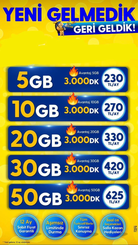 TURKCELL 14 Şubat 2025 (3000DK) 5GB 230 TL - 10GB - 270TL - 20GB 330TL - 30GB 420TL - 50GB 625TL