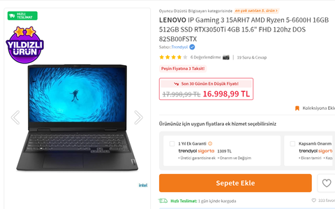 Lenovo Laptop R5-6600H / RTX3050Ti / 16GB RAM / 512 SSD / 120Hz 17.000 TL