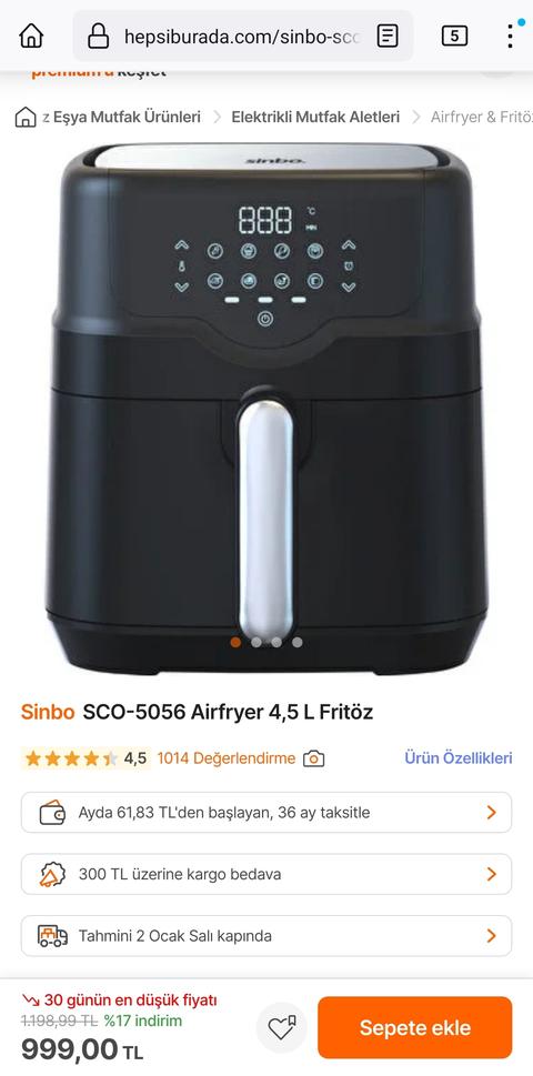 SinboSCO-5056 Airfryer 4,5 L Fritöz 999TL