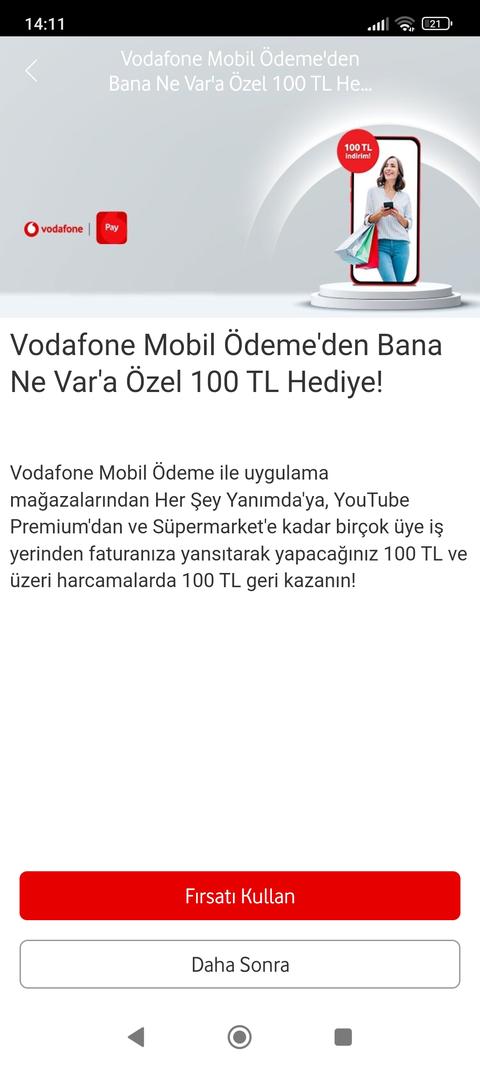 (Bitti) Vodafone yanımda 100 TL harcamaya 100 TL iade fırsatı ( sadece bugün için )