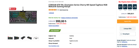CORSAIR K70 TKL Cherry MX Speed 999 TL BİTTİ
