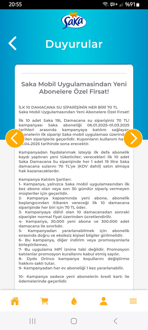 Saka 19Lt Damacana Su ilk 10 siparişte 70 TL
