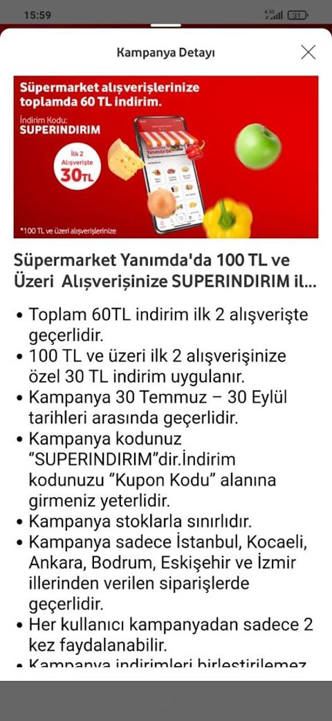 Vodafone yanımda uygulaması ile istegelsin siparişine iki adet  100/30 indirim