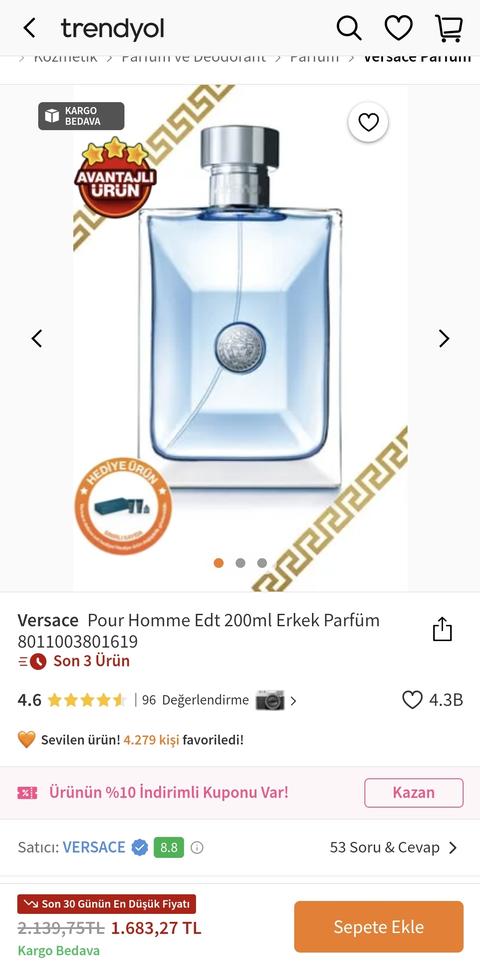 Versace Pour Homme EDT 200 ml Erkek Parfüm 1683TL