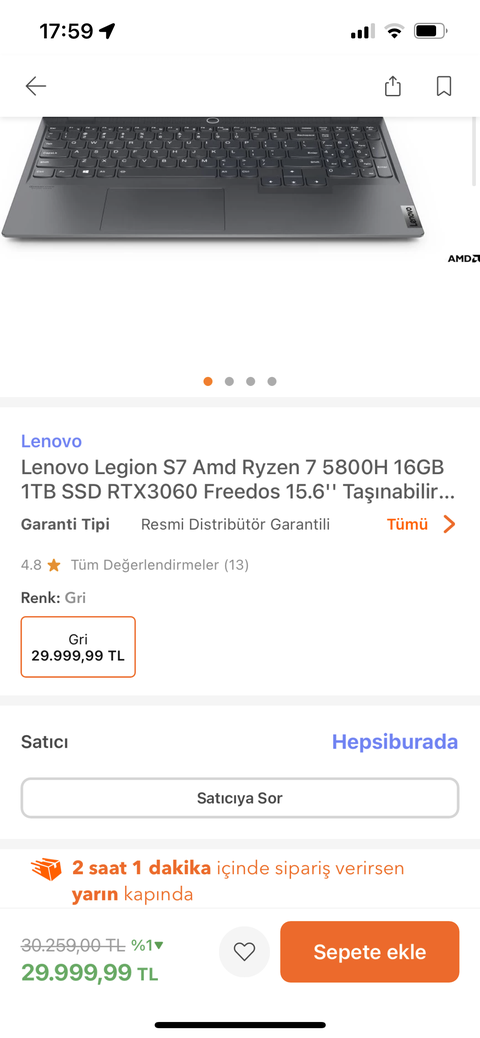 Lenovo Legion S7 Amd Ryzen 7 5800H 16GB 1TB SSD RTX3060 Freedos 15.6'' - 17998 TL