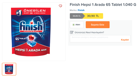 Finish Hepsi 1 Arada 65 Adet Bulaşık mk. Tableti - 30,90 TL