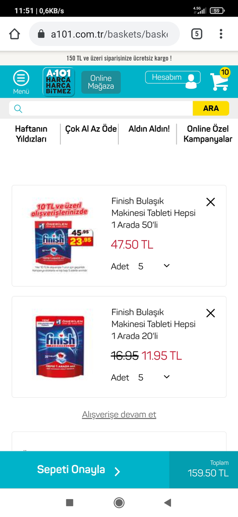 a101.com.tr "10tl üzeri alışverişe 50'li Finish Hepsi Bir Arada 23.95 TL" (Maks 5 adet)