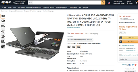 AORUS 15G YB-8US6150MH, 15.6" FHD 300Hz IGZO LCD, 2.3 GHz i7-10875H, RTX 2080 Super [Amazon.com]