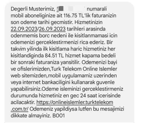 Türk Telekom fatura ödenmedi mesajı gönderiyor