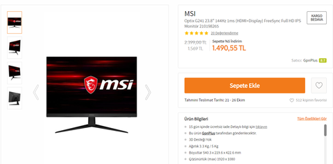 MSI Optix G241 23.8" 144Hz 1ms 1490 TL
