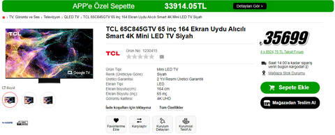 TCL 65C845 4K Mini LED 35699 TL  (APP'e Özel Sepette 33914 TL)