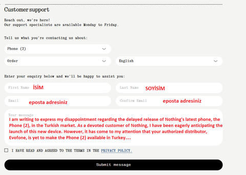 Nothing Phone (2)'un bir an önce Türkiye'ye resmi olarak gelmesi için Nothing'e yazıyoruz