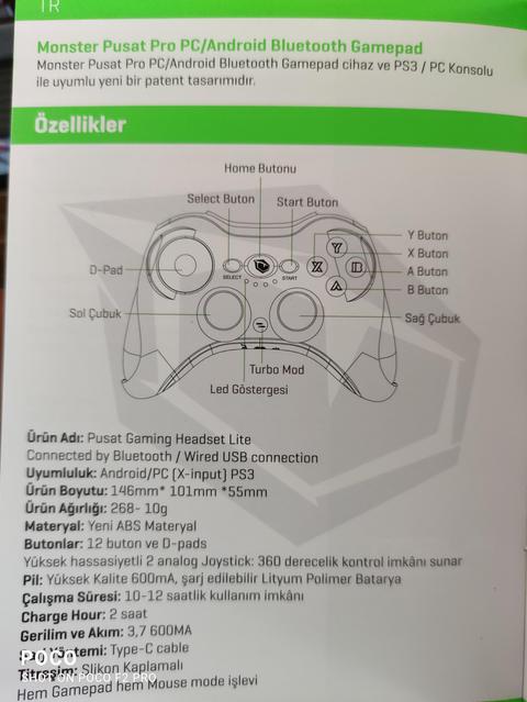 Monster Pusat Pro Gamepad Kullanım Kılavuzu