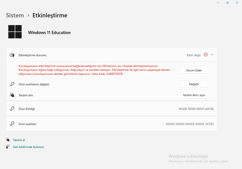 Windows 11 etkinleştirme hatası