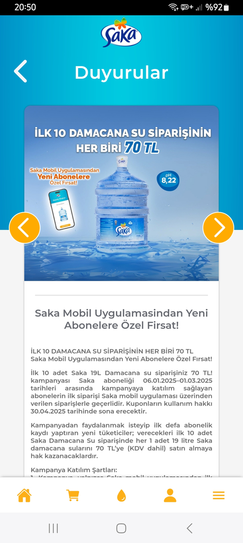 Saka 19Lt Damacana Su ilk 10 siparişte 70 TL