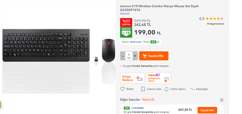 Lenovo 510 Wireless Combo Klavye Mouse Set Siyah 199 TL HB