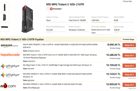 8690tl - MSI MPG Trident 3 10SI-210TR i5 10400F 8GB 512GB SSD GTX 1660 Super (Masaüstü)