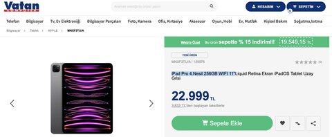 19.550 ₺ - iPad Pro 4.Nesil 256GB WIFI 11''