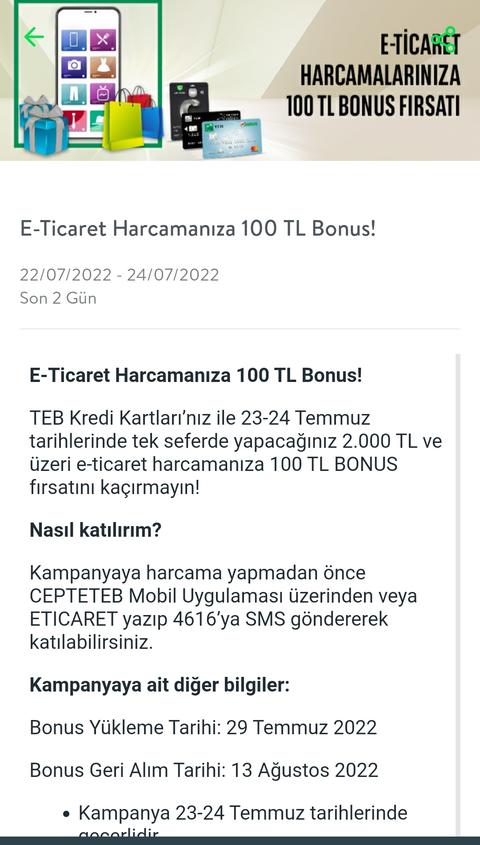 TEB Kredi Kartları 23-24 Temmuz 2.000 TL e-ticaret 100 bonus