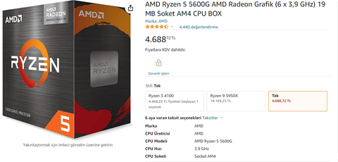 ÜRÜN BİTTİ / AMD Ryzen 5 5600G - Amazon - Yurtdışı Gönderim (IT) - 3,083TL