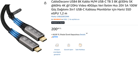 CableDeconn Type C Kablo (USB4 8K@30Hz 4K@120Hz 40Gbps 100W 1,2m) 260 TL
