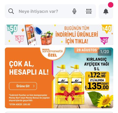 Migros Sanal Markette İki adet 5 L kırlangıç ayçiçek yağı 270 lira