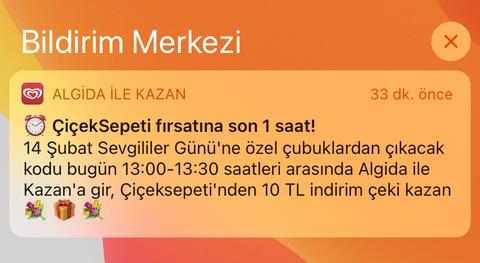 Algida Bugün 13:00-13:30 arası şifre girene 10 TL çiçeksepeti kodu hediye