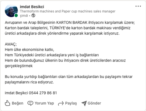 Karton bardak üretme işi yapmak isteyenler buraya