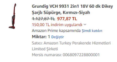 Şarjlı Dikey Süpürge Grundig VCH 9932 (Amazon) 1345TL